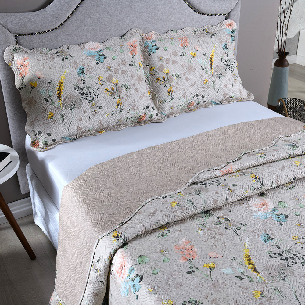 Kit Cobre Leito Colcha Queen 3 Peças Boutis Estampada Dupla Face Porta Travesseiro Aba Americana Cartagena Areia