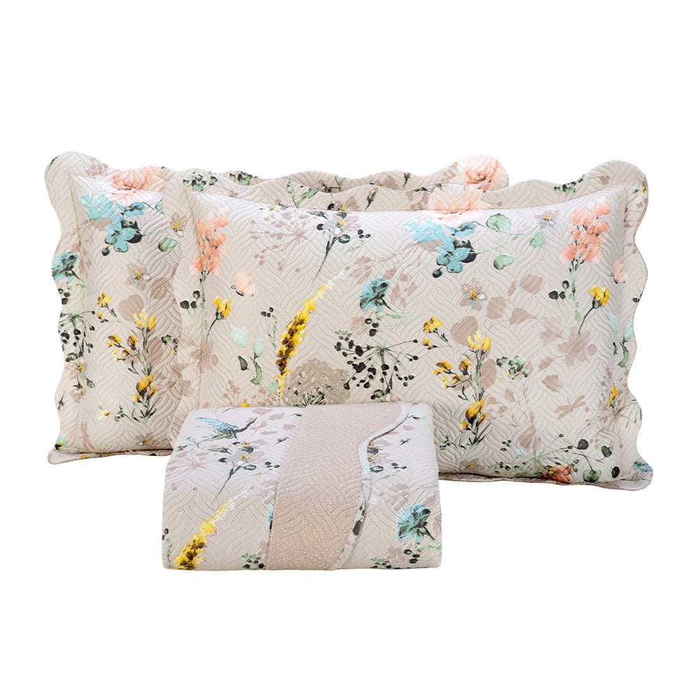 Kit Cobre Leito Colcha Queen 3 Peças Boutis Estampada Dupla Face Porta Travesseiro Aba Americana Cartagena Areia